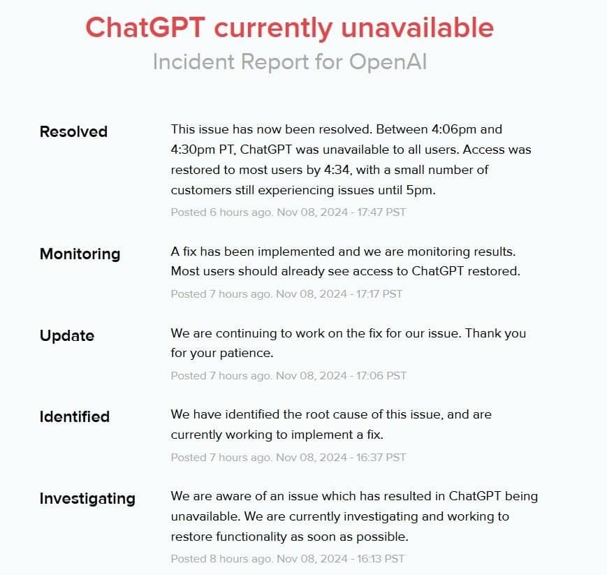 ChatGPT was still regarded as not accessible to all users just minutes before OpenAI removed the notice. | Image credit: OpenAI
